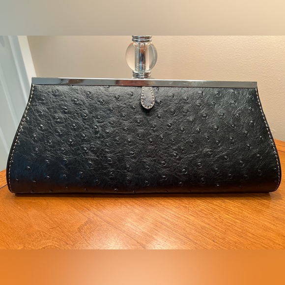 Vintage Black Leather Ostrich Embossed Clutch Bag - Picture 2 of 8